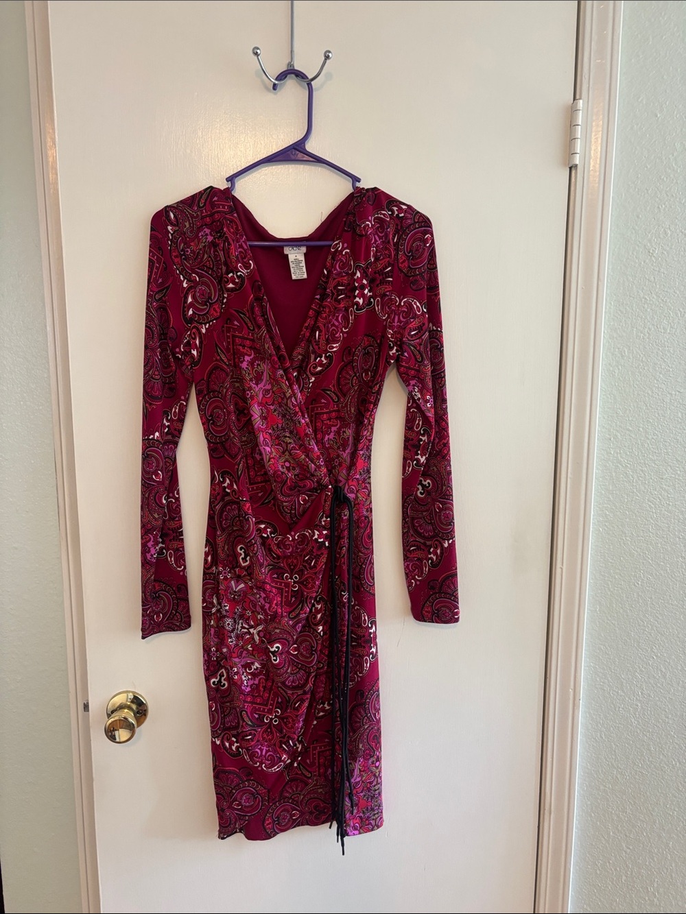 Cache Burgundy Paisley Long Sleeve Wrap Dress with Tie